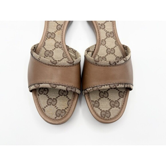 Gucci Leather & Canvas Brown Monogram Sandals w/ Wooden Sole Mule Y2K Sz EU 36.5 - Picture 4 of 13